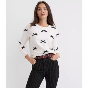 LOFT Womens White Black Mini Bow Embellished Coquette Preppy Knit Sweater Size L